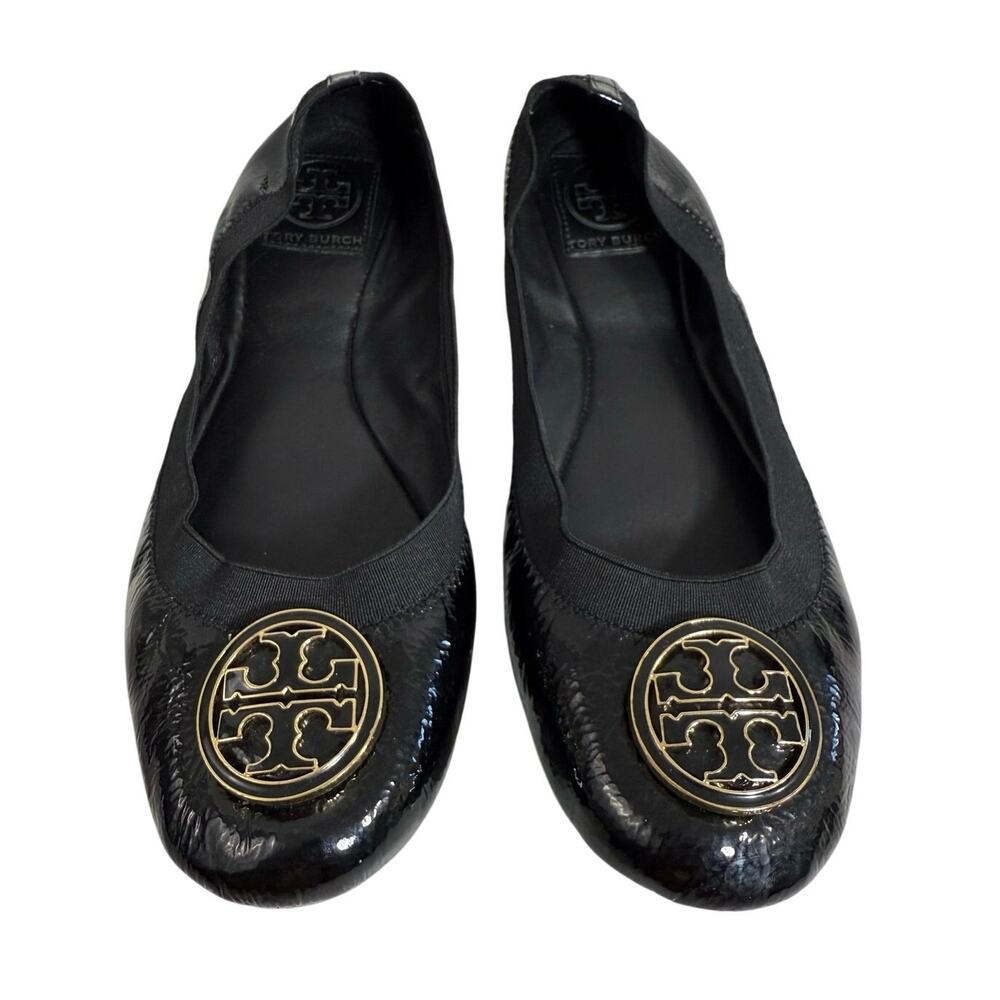 Tory Burch Caroline Ballet Flats Women’s 9 Black Patent Leather Logo Shoes - Picture 3 of 15